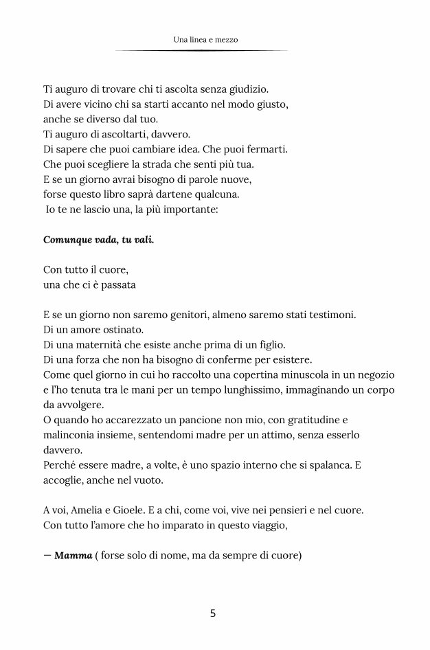 Pagina 5 di Una linea e mezzo: la seconda parte della lettera, che si chiude con Comunque vada, tu vali