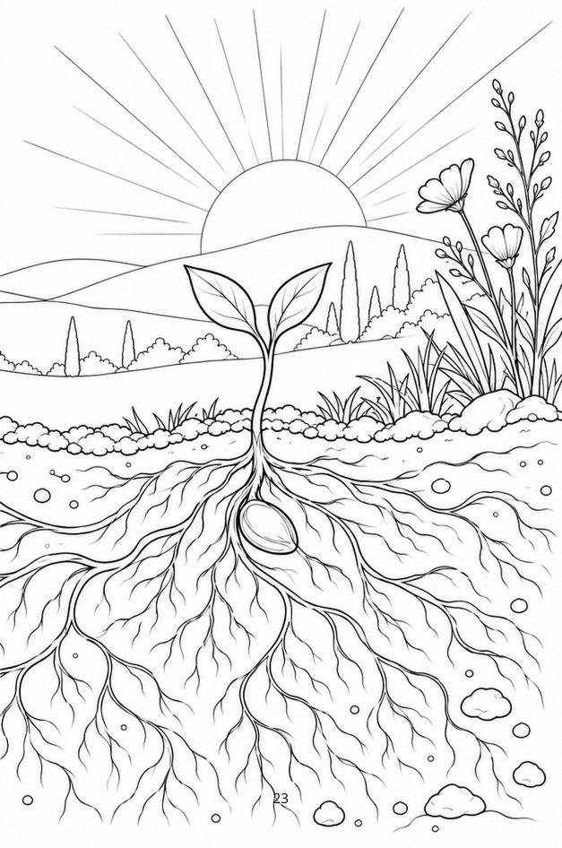Pagina da colorare di Pensa positivo: un germoglio con le radici sotto terra e il sole